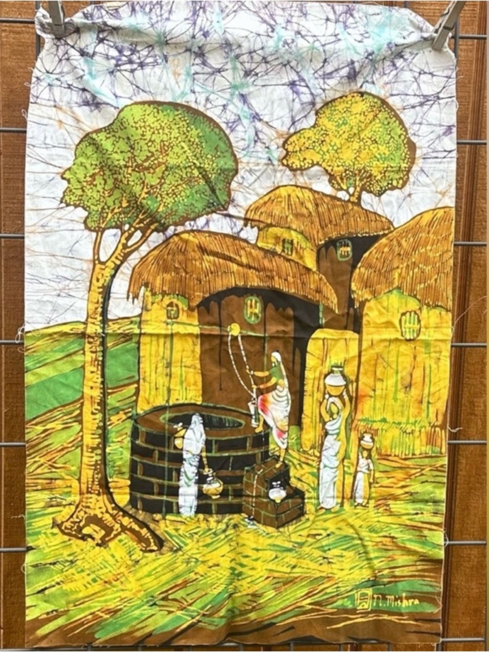 Vintage batik wax painting on fabric ethnic unframed signed